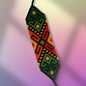 beaded bracelet with red, green, and yellow colors