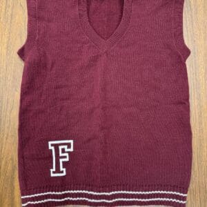 Maroon knit sleeveless sweater vest with white stripes and letter F.